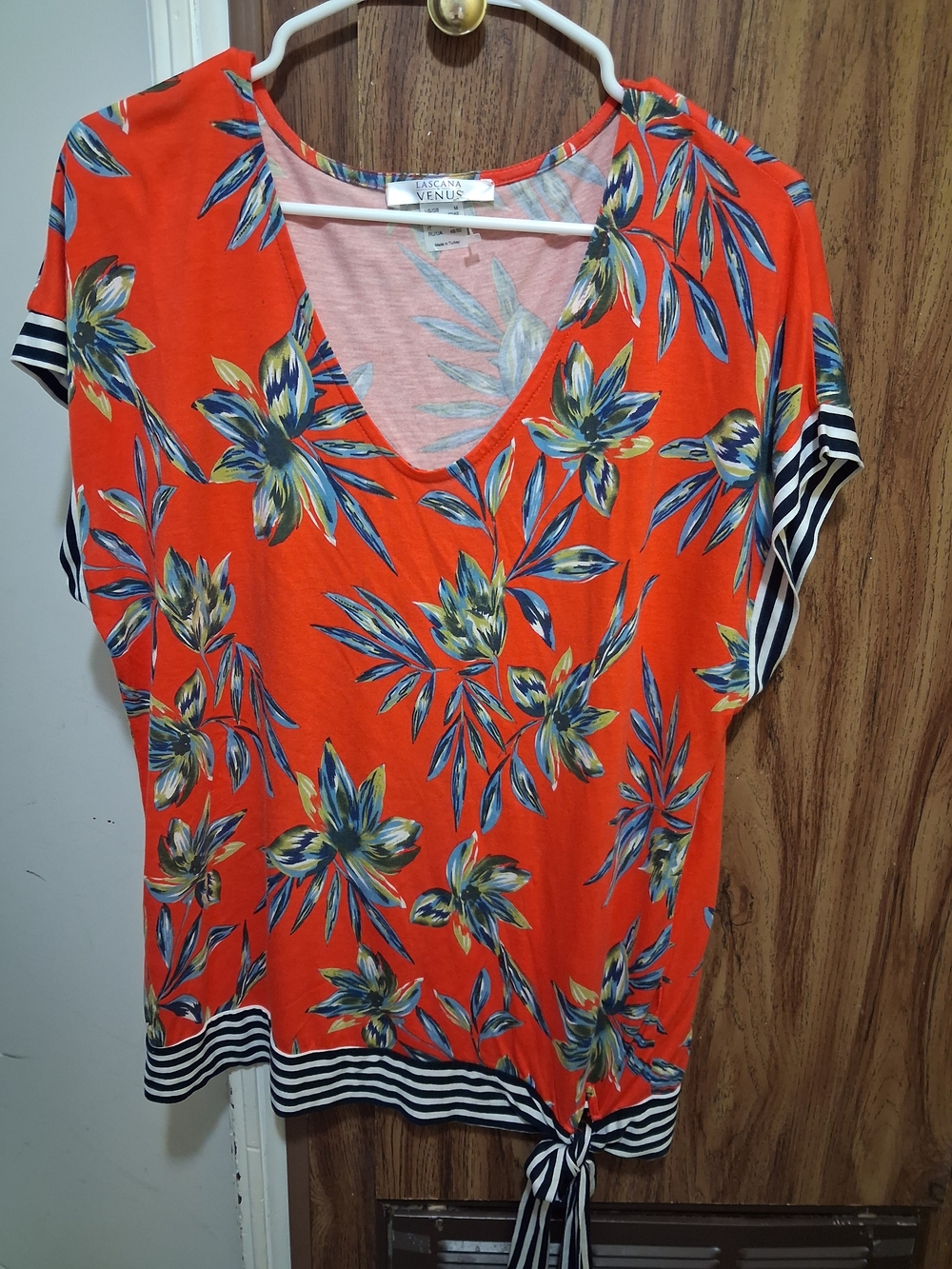 VENUS Orange Floral V-Neck Short Sleeve Top with Navy Trim